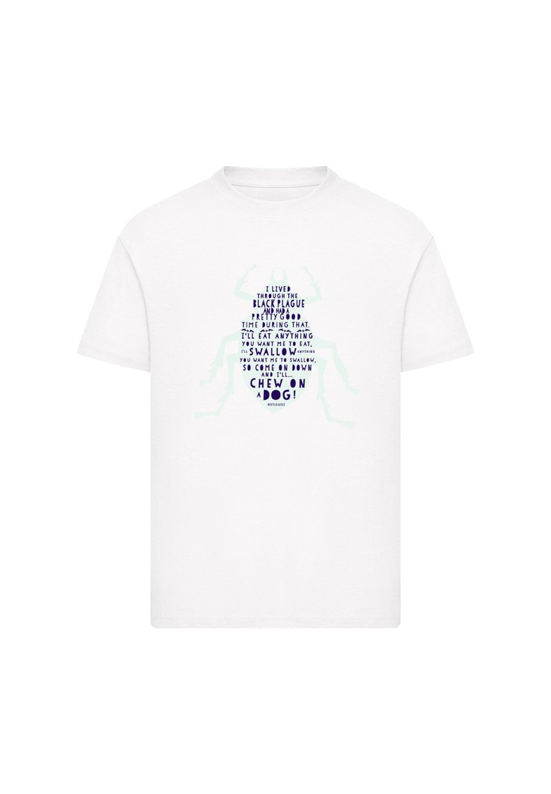 White cotton t-shirt featuring a graphic of a beetle filled with text in purple and green. Short sleeves, classic fit, rounded neckline.
