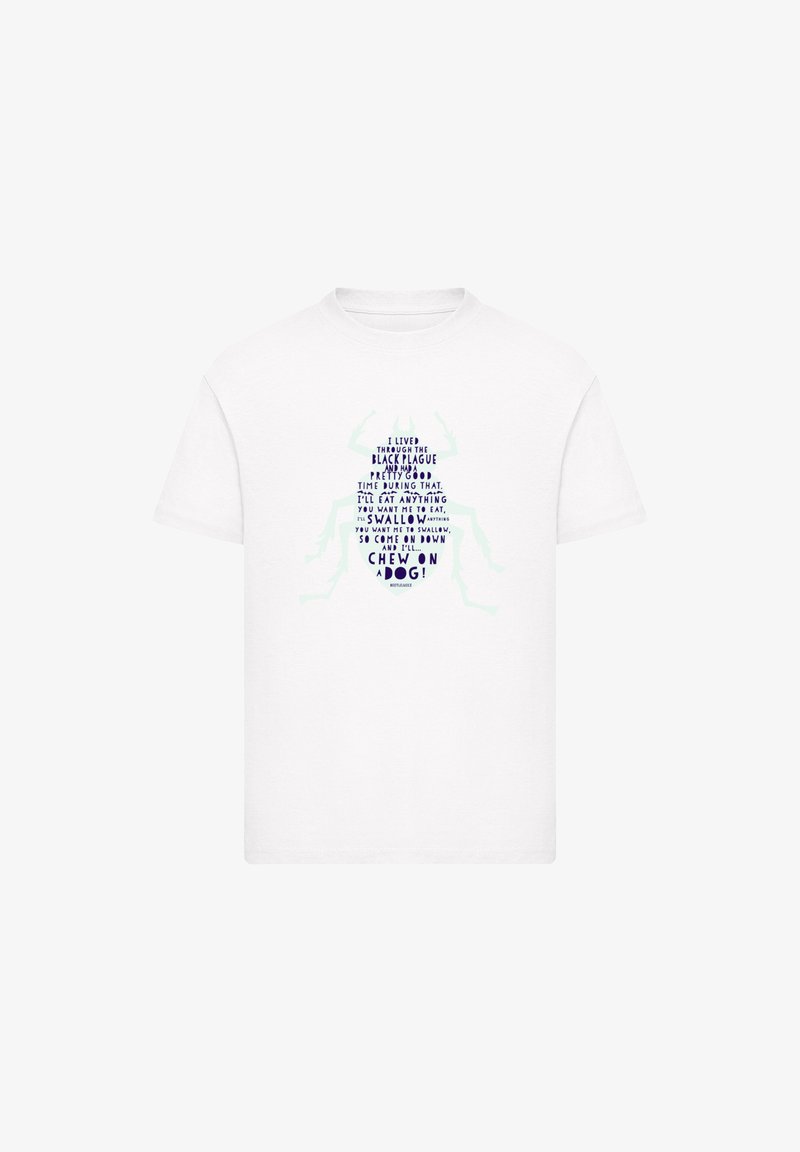 White cotton t-shirt featuring a graphic of a beetle filled with text in purple and green. Short sleeves, classic fit, rounded neckline.