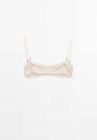 Lys beige bh med justerbare stropper, blød satin tekstur, hægte-lukning på bagsiden og et glat, sømløst design.