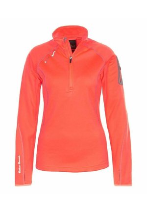 Haut de sport corail vif à manches longues avec fermeture éclair quart de devant, col montant et détails des coutures sur les manches et les côtés.