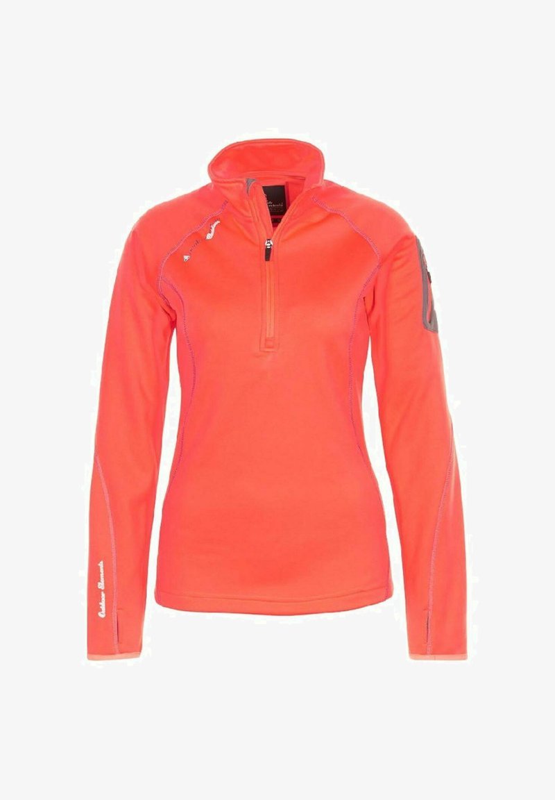 Top deportivo coral brillante de manga larga con cremallera de un cuarto en la parte delantera, cuello alto y costuras detalladas a lo largo de las mangas y los lados.