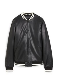 Veste bombardier en cuir noir avec col et poignets rayés blancs et noirs en bord-côte, dotée d'une fermeture à boutons-pression et de poches latérales.