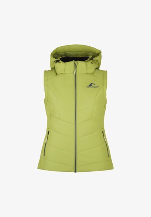 Green padded vest with a high collar and detachable hood. Features a front zipper, two side pockets, and subtle chevron stitching.
