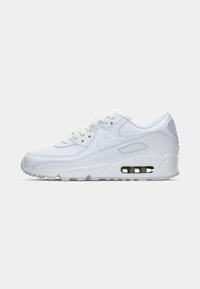 Weiße Nike Air Max 90 Sneaker mit einem glatten Lederoberteil, runder Zehenpartie, Schnürdesign, sichtbarer Luftpolsterung und strukturiertem Sohlen.