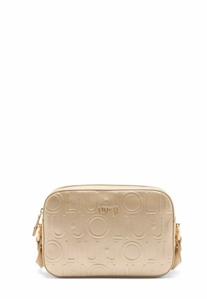 Beige rektangulær crossbody taske med præget cirkulært mønster og guld LIU JO-logo centreret foran.