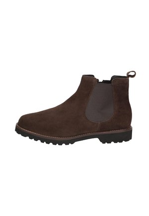 Brown suede Chelsea boot with elastic side panel, pull tab at heel, and rugged black sole suitable for casual wear.