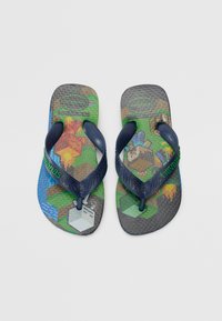 Zili zili flip-flopi ar teksturētu zoli, kurai ir krāsains pikseļots dizains. Vairākās krāsās zili zābaku siksnas ir tumši zilas ar zaļu zīmolu. Raksti ietver blokveida formas.