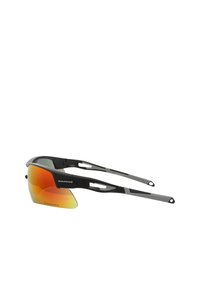 Black sports sunglasses with a streamlined design, orange-tinted lenses, and gray accents. Features lightweight material and ventilation slots.