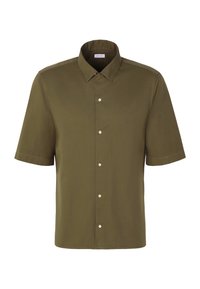 Camicia a maniche corte di colore verde oliva, realizzata in tessuto morbido. Presenta un colletto classico e cinque bottoni frontali con una leggera lucentezza.