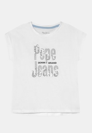 Weißes T-Shirt mit kurzen Ärmeln und Rundhalsausschnitt. Mit silbernen, paillettenbesetzten "Pepe Jeans"-Schriftzug und schwarzem "DENIM BRAND" darunter. Weicher Stoff.