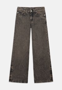 High-waisted wide-leg black denim jeans featuring a faded wash, five-pocket design, and metal button closure at the front.