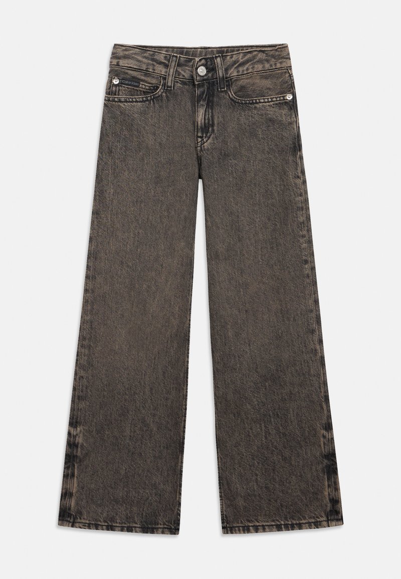 High-waisted wide-leg black denim jeans featuring a faded wash, five-pocket design, and metal button closure at the front.