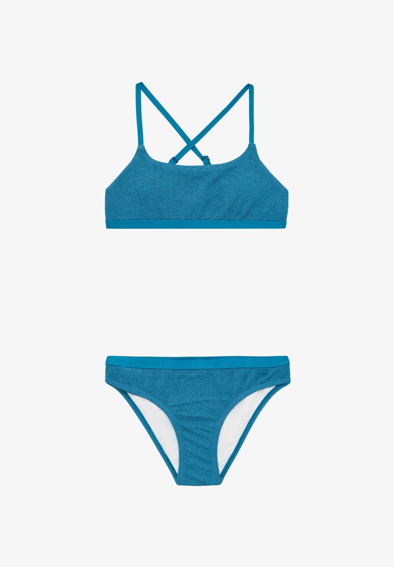 Conjunto de bikini en color verde azulado con un diseño texturizado. La parte superior cuenta con tirantes cruzados; la parte inferior tiene un corte de cintura baja con una banda sólida.