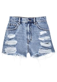 Shorts en denim, bleu clair, avec un ourlet effiloché et plusieurs patchs déchirés. Design classique à cinq poches avec une fermeture à bouton sur le devant.