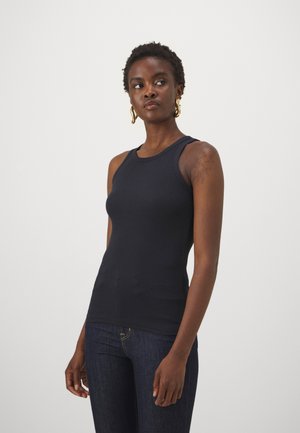 Navy sleeveless tank top with a smooth, fitted design. Made from a soft, stretchy fabric with a round neckline and minimal stitching details.