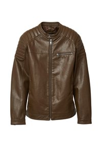 Giubbotto in pelle marrone con chiusura a zip, dettagli imbottiti sulle spalle e tasca sul petto con zip; texture liscia e design casual.