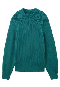 Türkiser, gerippter Strickpullover mit rundem Halsausschnitt, langen Ärmeln und einem leicht lockeren Schnitt. Das Material weist durchgehend eine vertikale Textur auf.