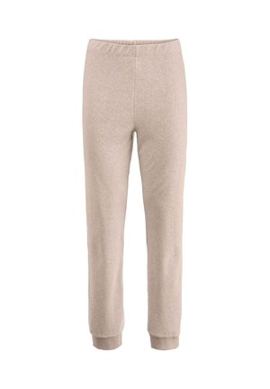 Beige Sweatpants aus weichem Stoff mit elastischem Bund und gerippten Bündchen. Gerades Bein, minimale Details und keine Taschen.