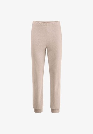 Beige Sweatpants aus weichem Stoff mit elastischem Bund und gerippten Bündchen. Gerades Bein, minimale Details und keine Taschen.