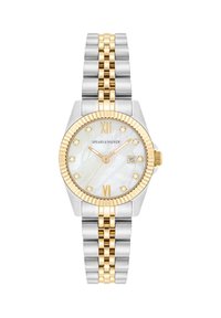 Reloj bicolor en plata y oro con una esfera redonda de nácar blanco, marcadores de hora dorados y una ventanilla de fecha. Diseño de bisel texturizado y pulsera.