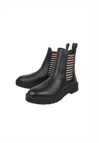 Czarne skórzane botki za kostkę z okrągłym noskiem, z beżowymi i czarnymi elastycznymi panelami po bokach w paski oraz małym czerwonym serduszkiem.