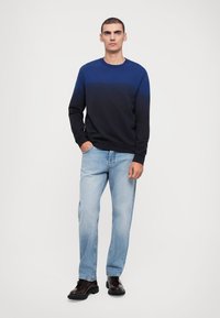 Pulover din bumbac cu decolteu rotund, cu un gradient albastru, de la bleumarin la albastru deschis, asortat cu blugi albaștri deschisi și pantofi negri. Textură netedă și croială lejeră.