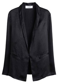 Blazer nero realizzato in tessuto liscio con una finitura strutturata, dotato di colletto a scialle, apertura frontale e due tasche anteriori.