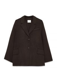 Temno rjav blazer s strukturiranim dizajnom, z zobatimi reverji, dvema gumboma in dvema sprednjima žepoma, izdelan iz teksturirane tkanine.