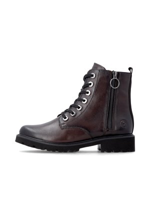Dunkelbrauner Lederstiefel mit schwarzen Schnürsenkeln, seitlichem Reißverschluss, runder Spitze, dicker Gummisohle und Metallösen, im Profil dargestellt.