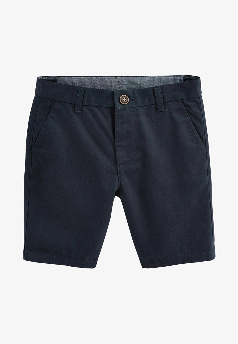 Navyblaue Shorts aus weichem Stoff, mit Knopfverschluss, zwei Fronttaschen und geradem Schnitt mit minimaler Ausstattung.