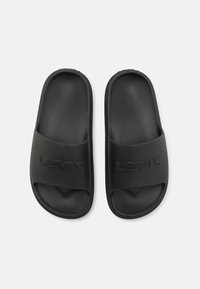 Sandales à glissière noires en caoutchouc texturé avec une large bande présentant le logo "Levi's" en relief sur le dessus. Semelle intérieure lisse et bords arrondis.