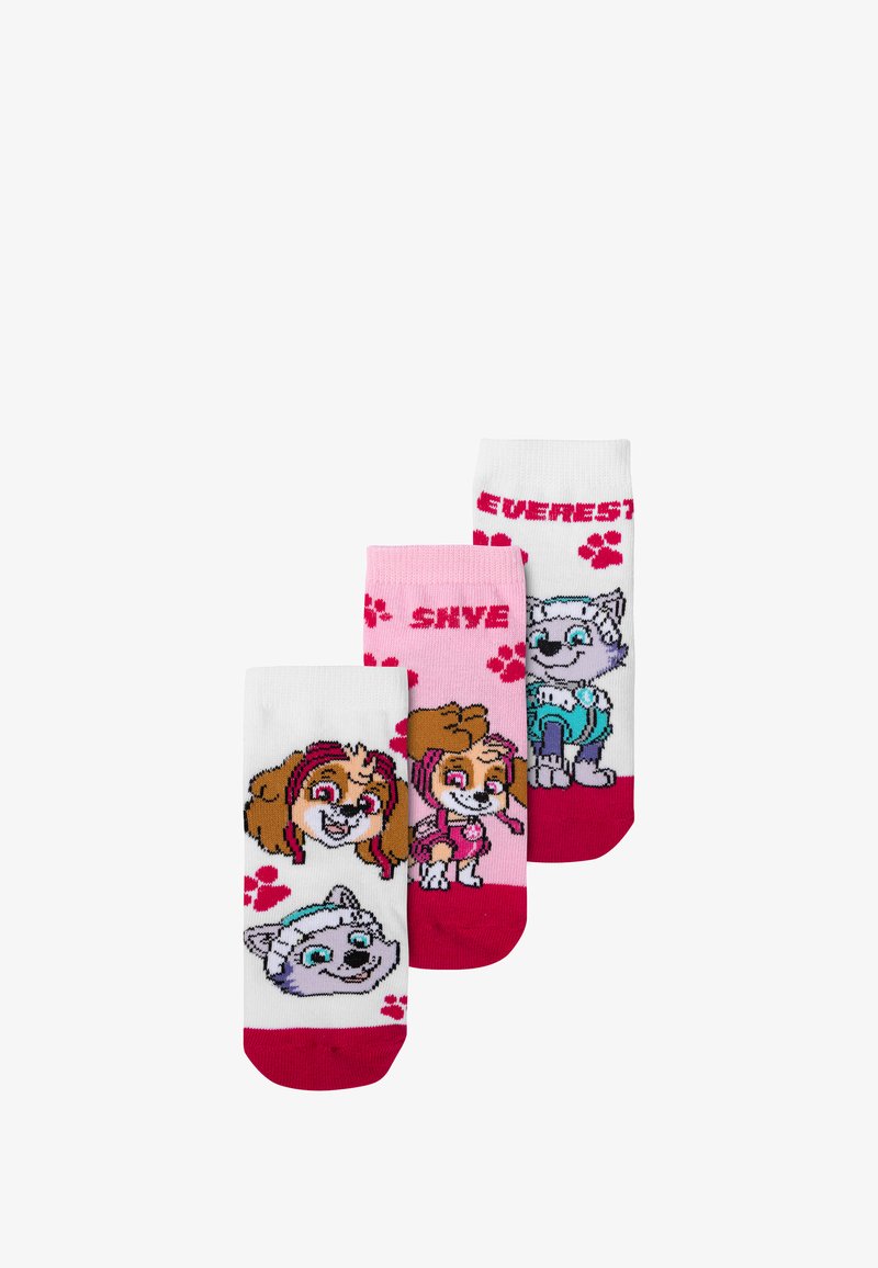 Tre paia di calzini per bambini con personaggi di cani dei cartoni animati colorati. Colori: bianco e rosa con accenti rossi. I design stampati includono i nomi dei personaggi.