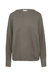 Olive green textured sweater with ribbed design, wide neckline, and long sleeves. Made from a soft, lightweight fabric.