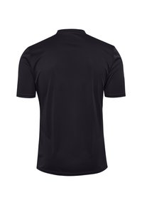 Zwart T-shirt van polyester met korte mouwen, ronde halslijn, gladde textuur, gebogen onderzoom, zonder zichtbare patronen of accenten.