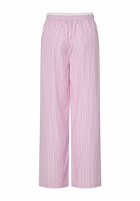 Kerged, roosa ja valge triibuline laia jala püksid elastse vöökoha ja mugava lõikega. Sile kangas pehme tekstuuriga.