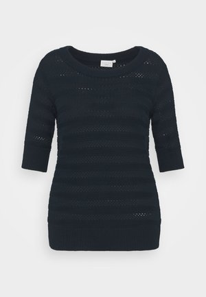 Czarny krótki sweter z krótkim rękawem, okrągłym dekoltem oraz ściągaczami przy rękawach i dole, z poziomym wzorem z ażurowym splotem.