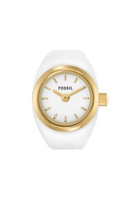 Montre blanche avec une finition brillante, lunette et marqueurs d'heure en ton doré, cadran blanc et couronne dorée texturée. Nom de la marque "FOSSIL" visible.