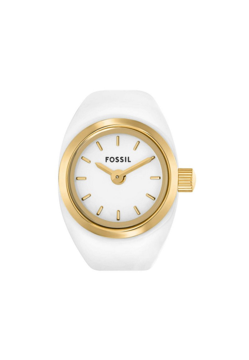 Montre blanche avec une finition brillante, lunette et marqueurs d'heure en ton doré, cadran blanc et couronne dorée texturée. Nom de la marque "FOSSIL" visible.