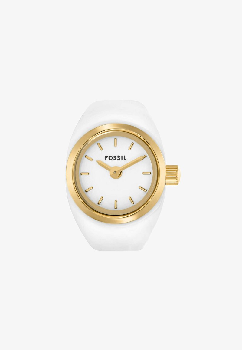 Montre blanche avec une finition brillante, lunette et marqueurs d'heure en ton doré, cadran blanc et couronne dorée texturée. Nom de la marque "FOSSIL" visible.