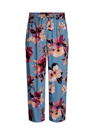 Bloemencapri broek met een blauwe achtergrond en grote roze, bordeauxrode en crèmekleurige bloemen. Lichtgewicht stof met een elastische tailleband.