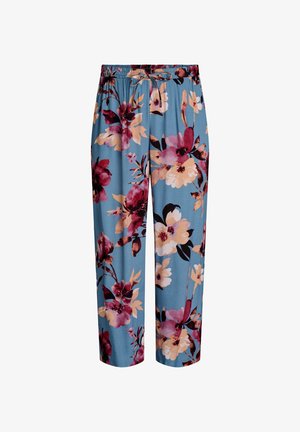 Blomstret capribukser med en blå baggrund og store blomster i pink, bordeaux og creme. Letvægtsstof med elastisk talje.