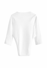 Bodysuit blanc à manches longues pour bébé, en coton doux, avec un col rond et des boutons-pression en bas pour un habillage facile.