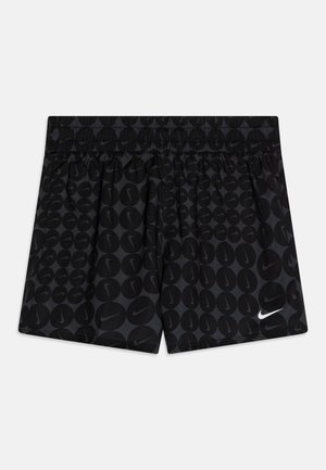 Shorts de sport noirs avec un motif de logo Nike sur l'ensemble. Fabriqués en tissu lisse avec une taille élastique pour le confort et un bon ajustement.
