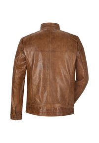 Braune Lederjacke mit hohem Kragen, glatter Textur und taillierter Passform sowie auffälligen Nähten auf der Rückseite.