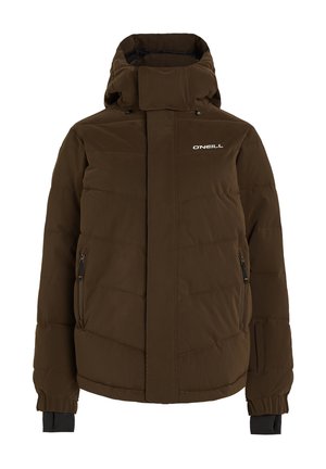 Braune gepolsterte Jacke mit hohem Kragen, seitlichen Reißverschluss-Taschen und Logo auf der Brust. Verfügt über elastische Manschetten für eine sichere Passform.