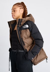 Jakna na napuhavanje smeđe boje s crnim rukavima. Ima kapuljaču, zatvaranje na zip i The North Face logo na prsima. Teksturirani materijal.