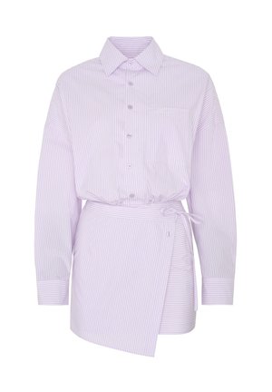 Light purple striped shirt with a classic collar, long sleeves, button front, and a tied waist for adjustable fit, featuring a side pocket.