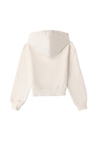 Hoodie accorciato di colore crema chiaro, con cappuccio foderato, vita elasticizzata e polsini a coste, realizzato in tessuto morbido.