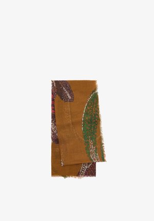 Brązowy szalik z żywymi zielonymi i fioletowymi wzorami oraz frędzlami na krawędziach. Wykonany z miękkiego, teksturowanego materiału.