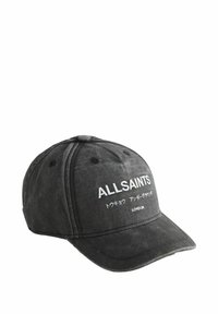Musta puuvillane baseball kork kumerate äärega, millel on valge tikitud tekst "ALLSAINTS" ja muu Aasia kiri, ning reguleeritav rihm.